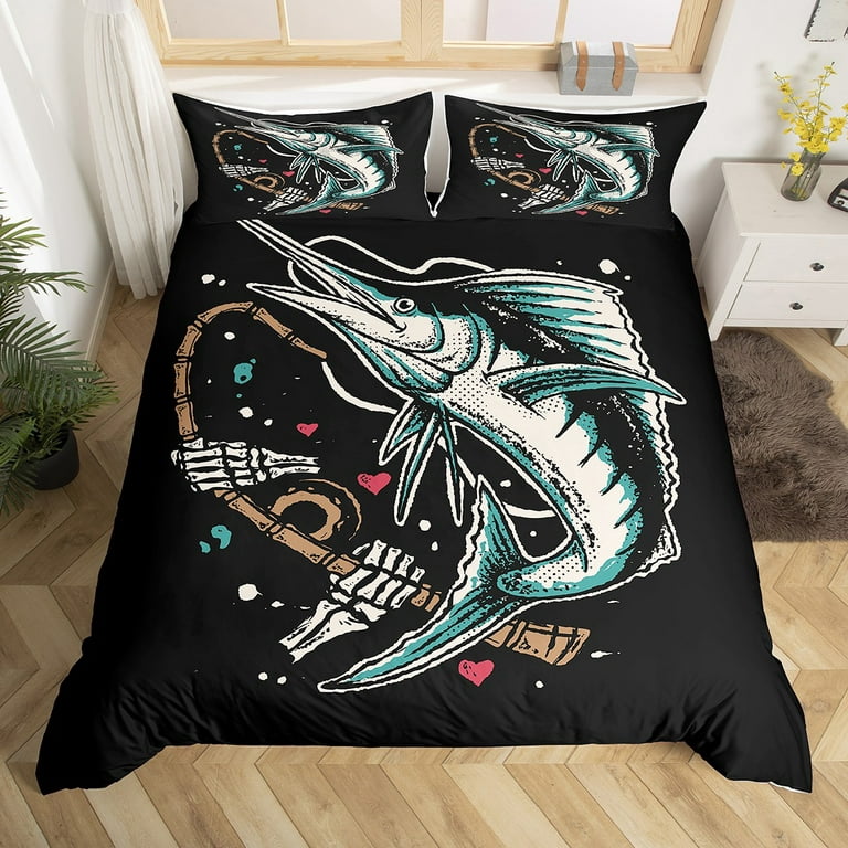 Fish Duvet Cover Marlin Swordfish Bedding Set for Man Teens Boys  Adult,Fishing Gear Comforter Cover Fishhooks Queen Bed Set,Fishing Pole  Fish Hook and