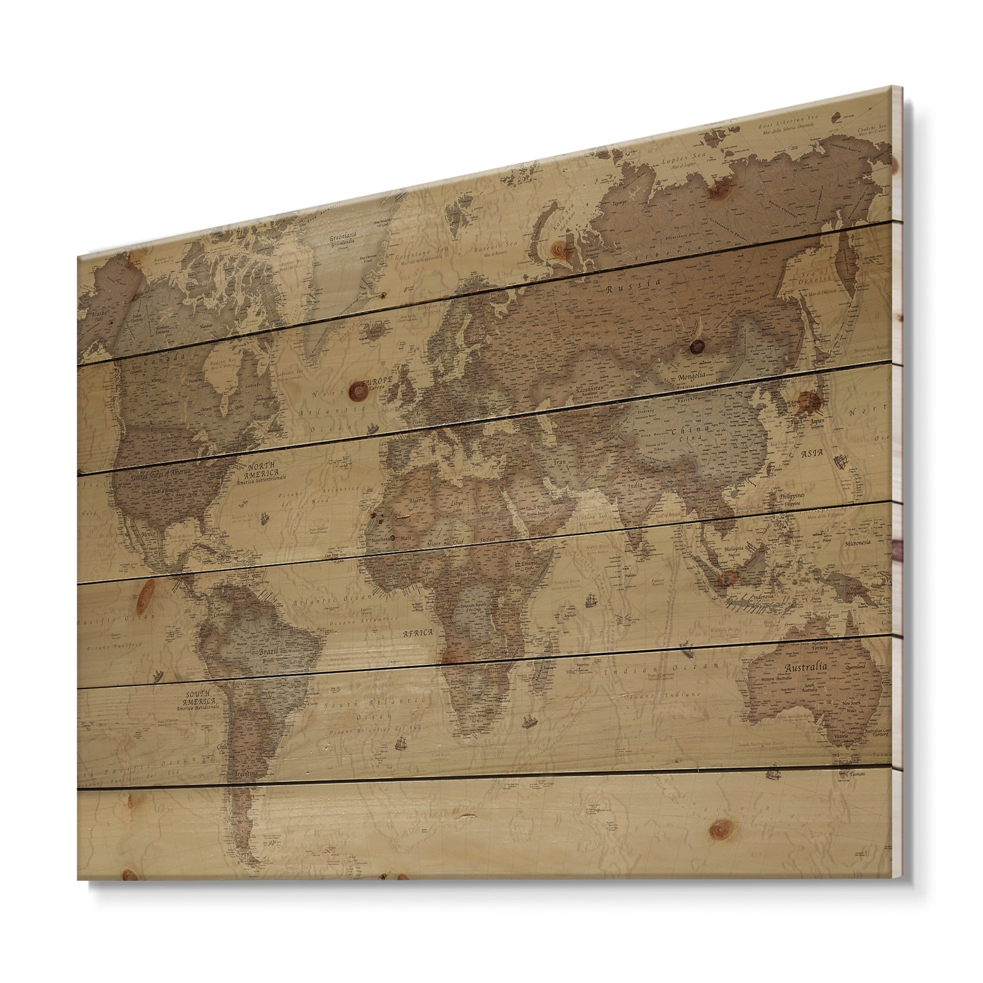 Designart 'Ancient World Map III' Vintage Print on Natural Pine Wood