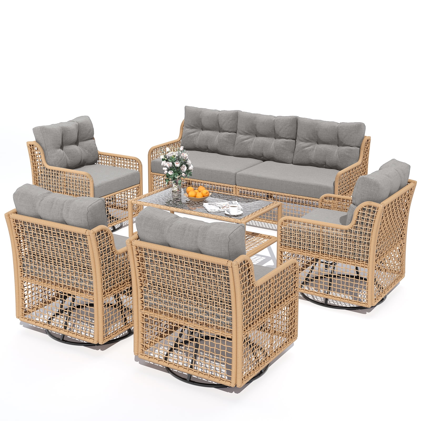 ELPOSUN 7-Seat Outdoor Patio Furniture Set, Wicker Rattan Outdoor Furniture Set with Swivel Chairs & All-Weather Thickened Cushions for Garden, Porch, Backyard, and Poolside, Gray