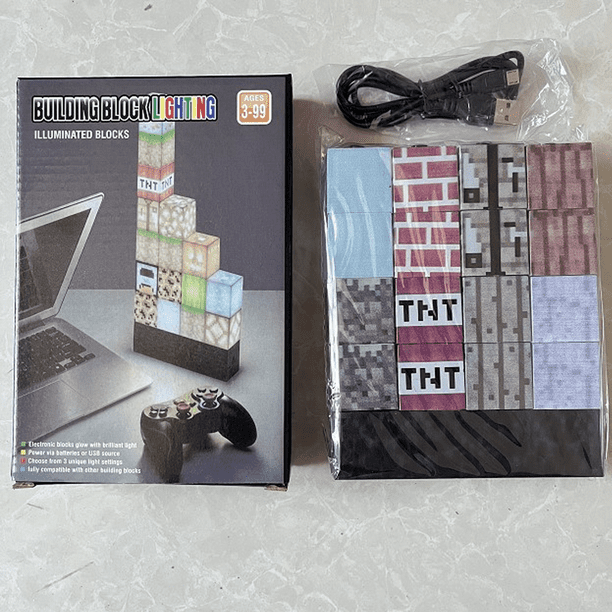 Lámpara de bloques de Minecraft - 16 bloques luminosos reorganizables - Iluminación ambiental para habitación infantil, lámpara para unir bloques (el diseño del producto puede variar)