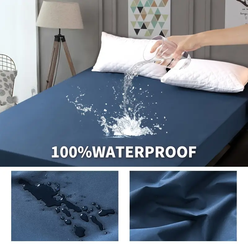1pc Blue Waterproof Fitted Sheet, Solid Color Brushed Fitted Sheet, Soft  Bedding 