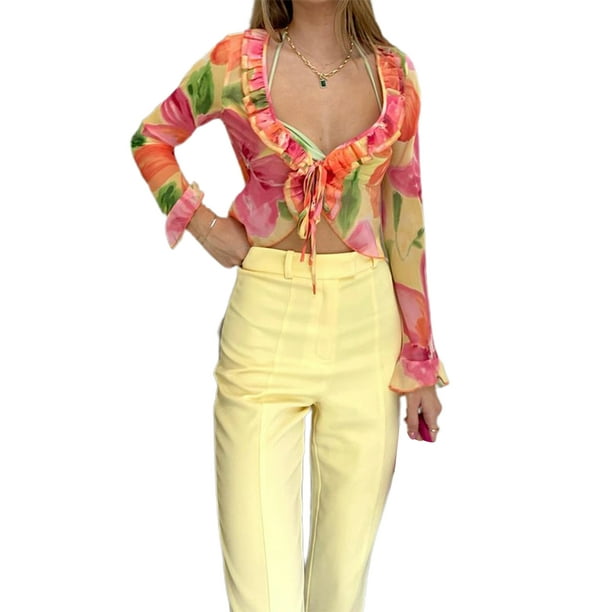 VISgogo Cárdigan transparente para mujer, blusas cortas con lazo y escote pronunciado con estampado floral naranja VISgogo moda