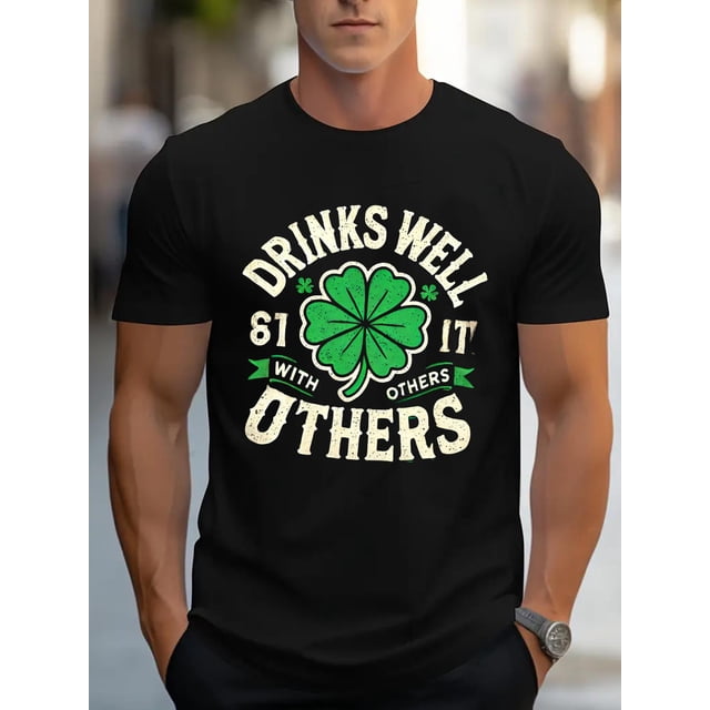 Drinks Well with Others" with Clover and Different Layout Print - Short Sleeve T - Shirt: Show A Unique St. Patrick'S Day Design, Casual and Stylish, Suitable for Those Who Love Themed Shirts, Casual