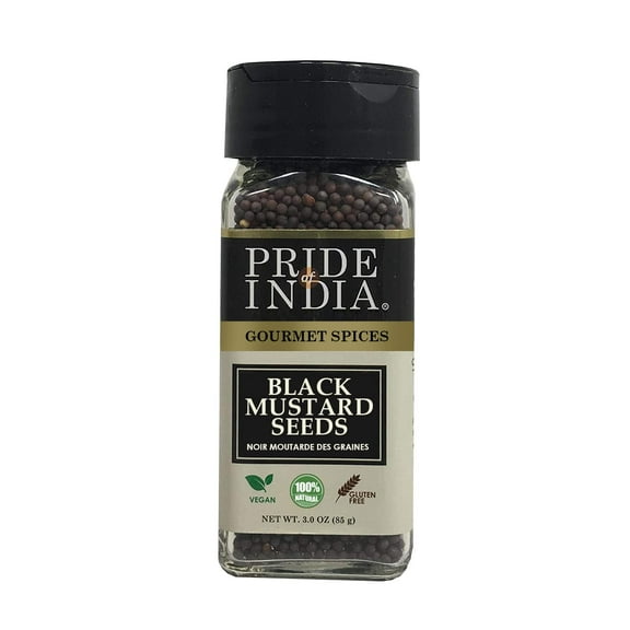 Pride of India – Black Mustard Seed – Gourmet & Vegan Indian Spice – Pungent/Spicy Flavor – Dry Seasoning - Gluten & GMO Free – Easy to Use – 3oz. Small Dual Sifter Bottle