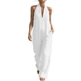 thumbnail image 4 of Beach Vacation Jumpsuits for Women Halter Neck Sleeveless Linen Rompers Summer Travel Wide Leg Jumpsuit White, 2XL, 4 of 7