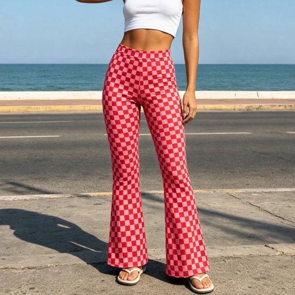 Mifsaly Flare Leggings for Women Plaid High Waisted Tummy Control Pants Classic Trendy Breathable Packable Workout Gym Yoga Pant