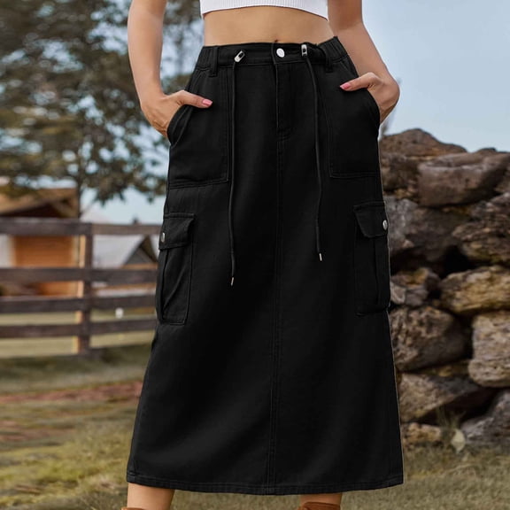 Xunlbb Jean Skirts for Women Denim, Women's Summer Comfort Fashion Solid Color Pocket Tie Vent Printing Skirt Gift for Women, Size S-2XL