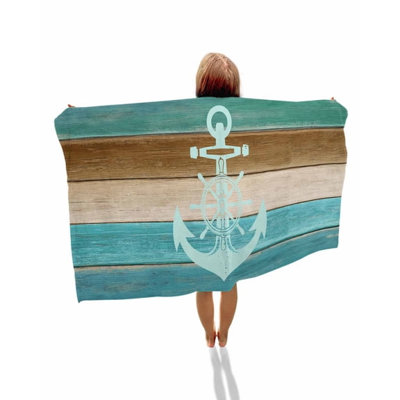 Blue Teal Brown Beach Towels Oversized Super Absorbent, Anchor Nautical Coastal Ocean Wooden Lightweight Bath Towel Quick Dry Sets For Bathroom/Pool/Rv Camping/Beach Play/Gym Room/Picnic 30"x60"