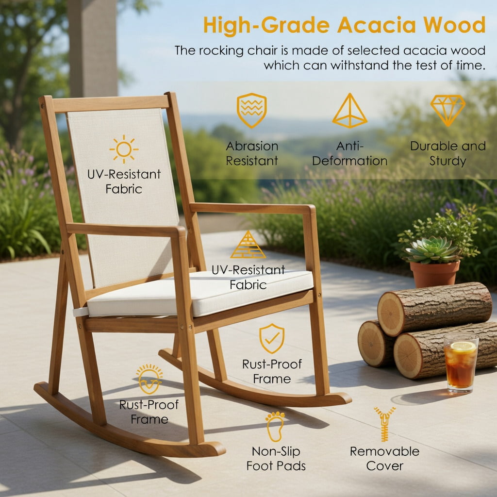 Hommoo Acacia Wood Patio Rocking Chair Sofa with Removable Cushion, Natural Wood Frame, Outdoor Garden & Deck Seating for Backyard, Poolside, Porch, White