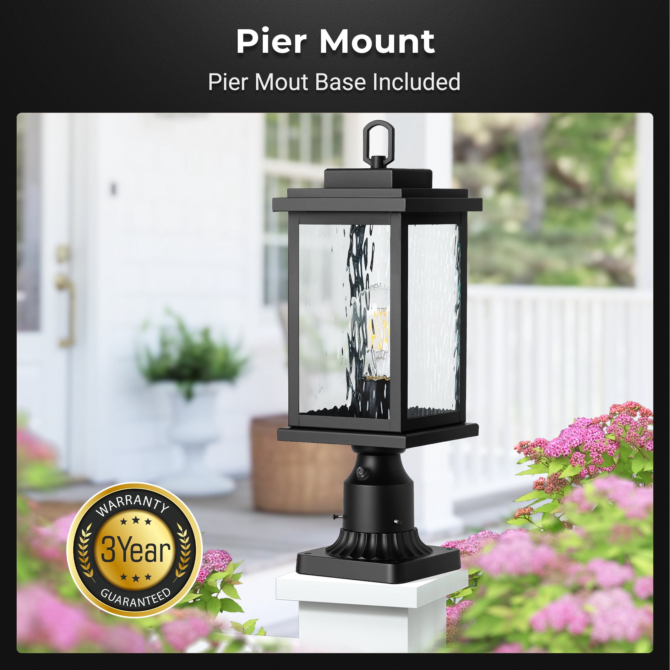 VIANIS Large Dusk to Dawn Outdoor Post Lights, Black Hardwired Waterproof Outdoor Lamp Post with Pier Mount Base, 3-inch Aluminum Outside Post Light with Tempered Glass for Garage, Garden