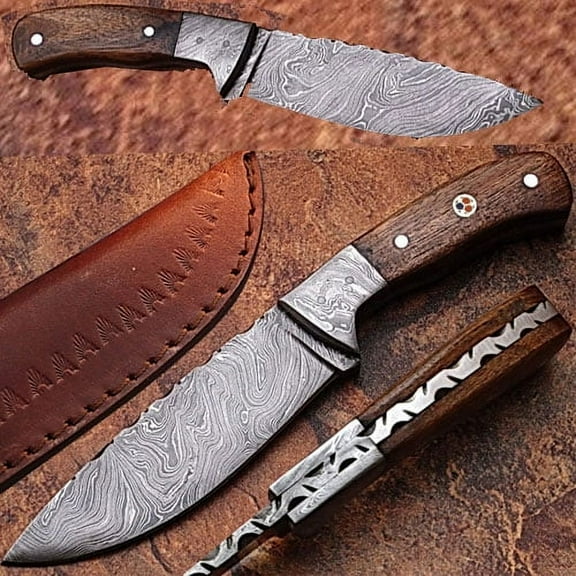 Custom Damascus Steel Knife (Walnut Wood Handle & Mosaic Pin)