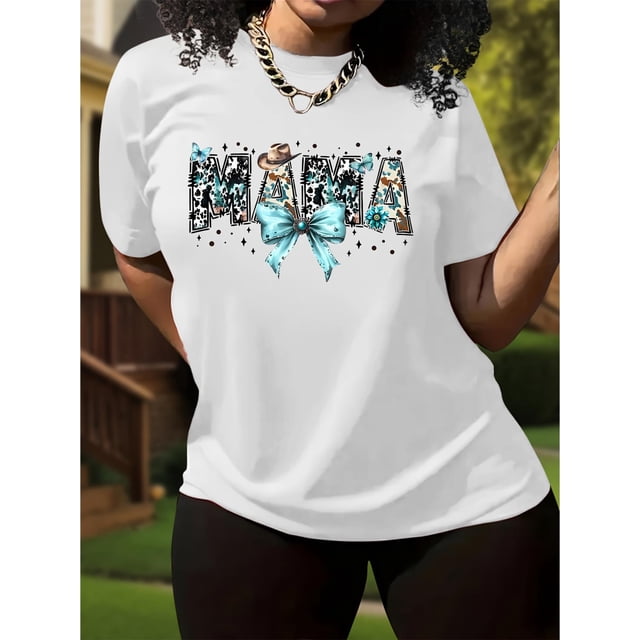 Spring Freshness | Women's Casual "MAMA" Graphic Tee - Short Sleeve Crew Neck T-Shirt with Leopard Print Hat & Turquoise Bow Design, Lightweight Polyester, Spring/Summer Collection, Spring Summer Tee