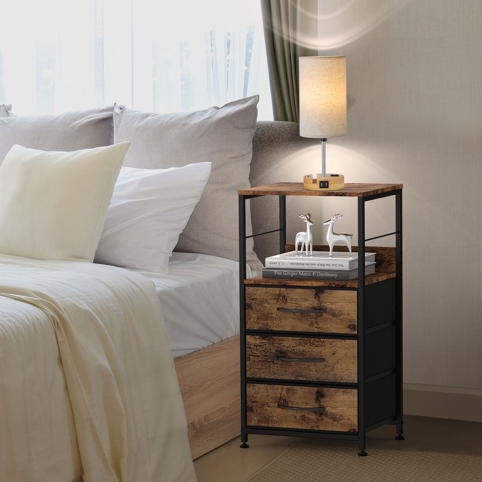 Nightstand for Bedroom End Side Table with 3 Drawers and Open Shelf Wood, Brown