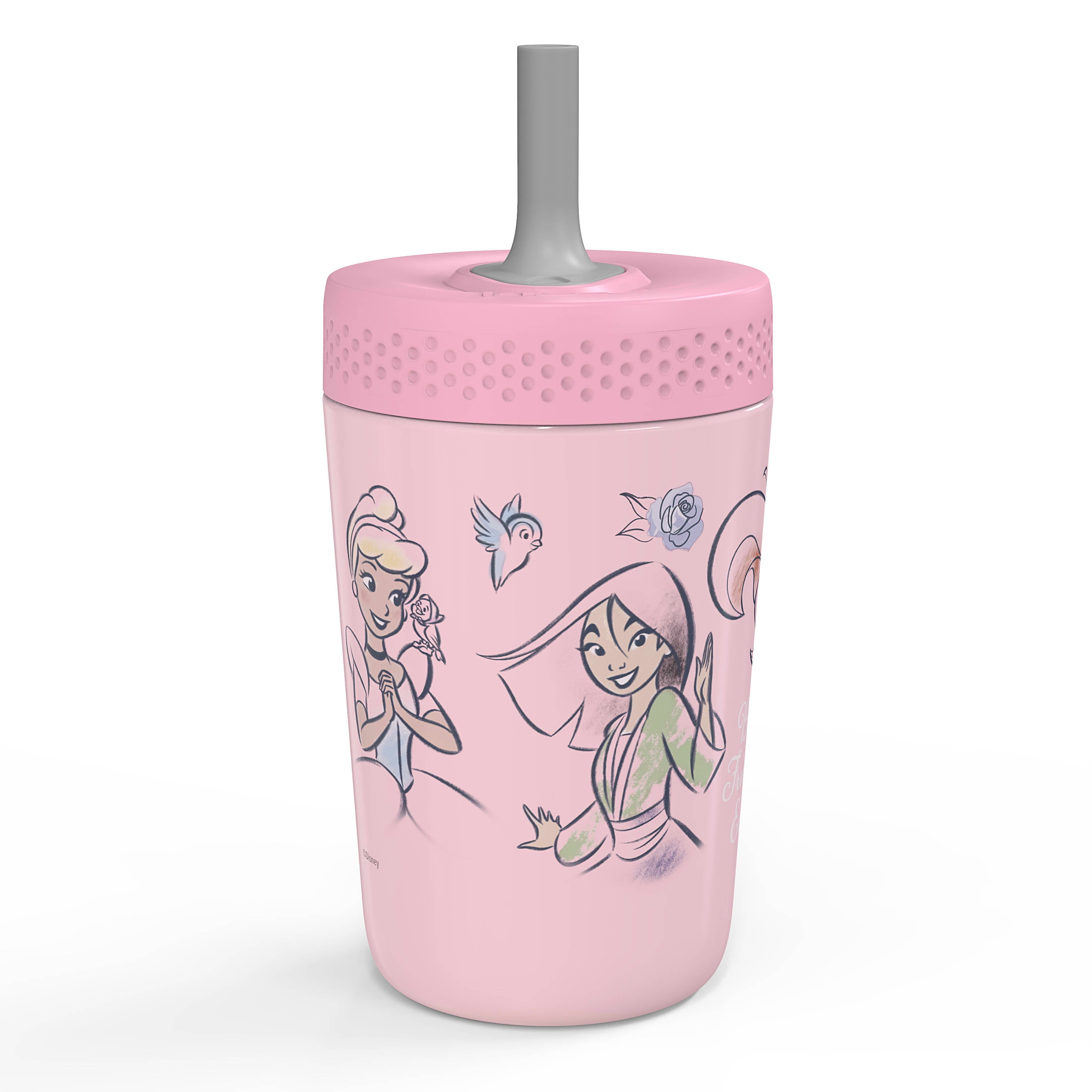 Zak Designs 12oz Kids Straw Tumbler, Stainless Steel Vacuum Insulated Kincaid Tumbler with Silicone Straw Utilizing Leak-Proof Valve, Travel Straw Tumbler, Disney Princess