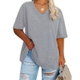 thumbnail image 2 of vigerkar Women's Oversized T Shirts V Neck Tees Summer Half Sleeve Casual Comfy Cozy Cotton Tunic Tops Plus Size 2025 Grey, 4XL, 2 of 4