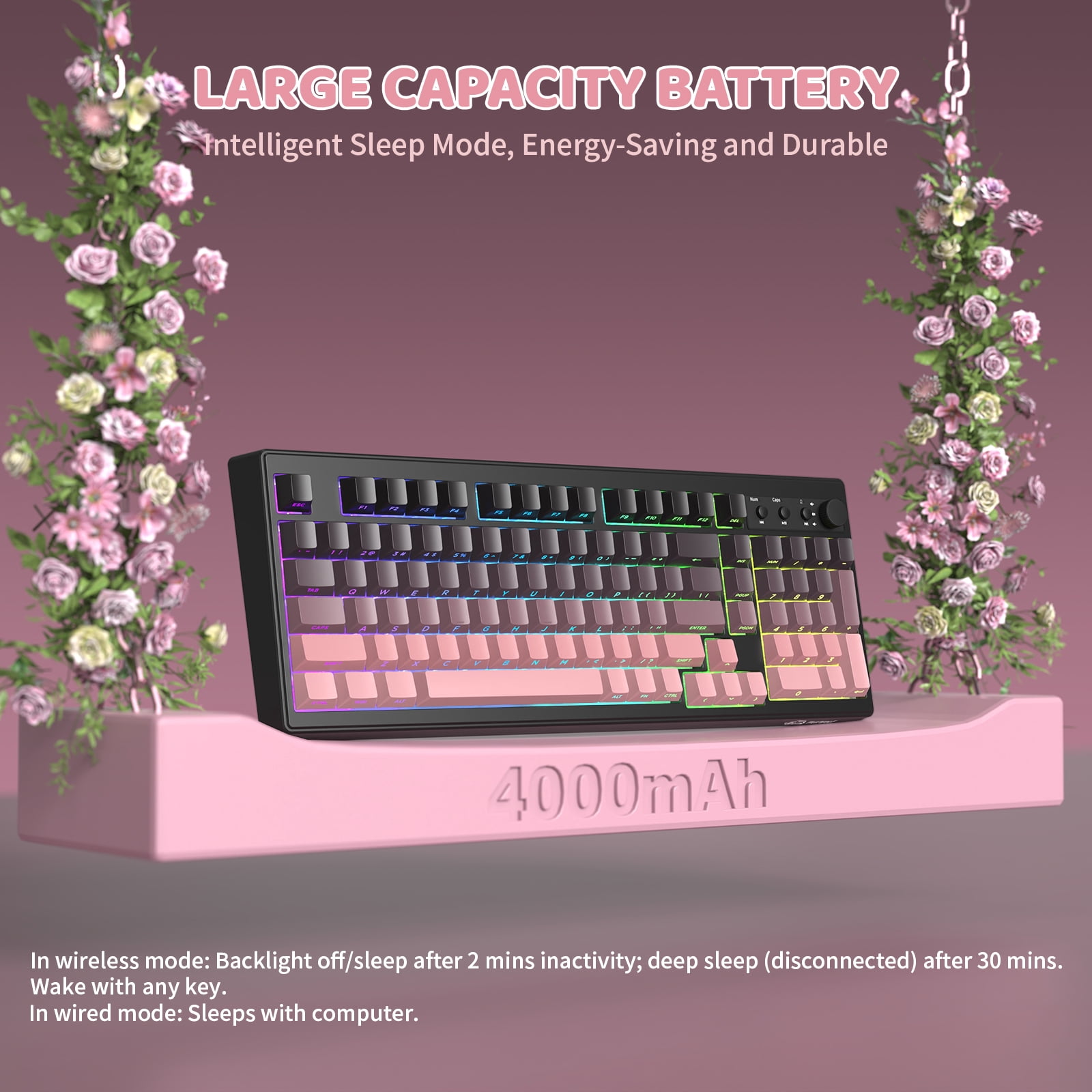 Freewolf-ZIYOULANG K100 Gaming Membrane Wireless 99 Keys Tri-Mode BT/2.4GHz/USB-C Computer Keyboard with Accessories Included, Pink