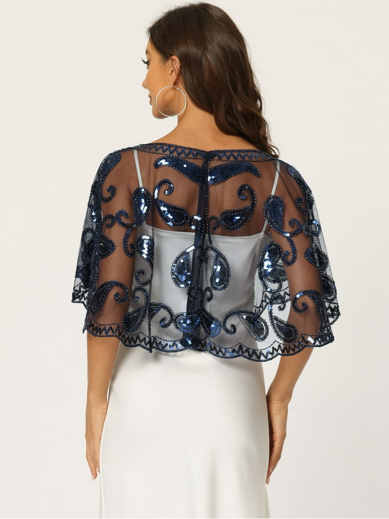 DARING DIVA Women's Shawl Wrap, 100% Polyester, Navy Blue, Medium, Sequin Beaded Cape Bridal Shrugs Boleros