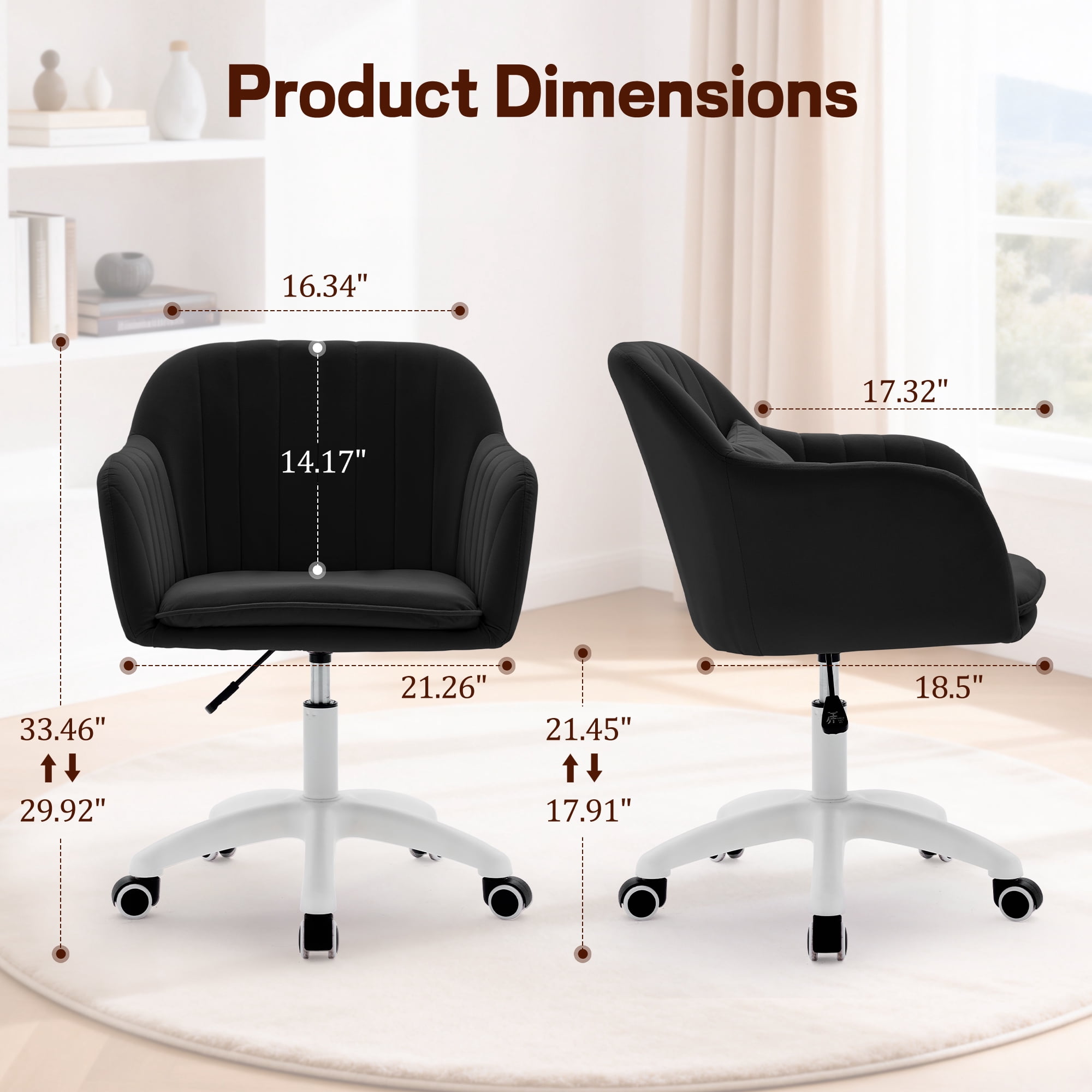 Korser Adjustable High Vanity Chair with Pillow Velvet Swivel Desk Chair with Wheels,Space-Saving Makeup Computer Chair,Home Office Desk Chair,Black