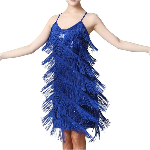Honeeladyy Women Sleeveless Sparkle Tassel Mini Dress Spaghetti Strap Glitter Dress for Party Nightclub Blue XXL