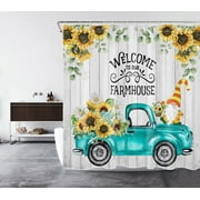 HVEST Fall Sunflower Shower Curtain, Yellow Flowers and Gnome on Retro Teal Truck Bathroom Shower Curtain Farm Grey Plank Polyester Fabric Decor Curtain with Hooks, 72X72 inc
