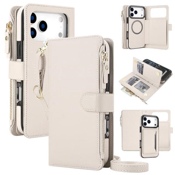 Case for iPhone 18 Pro Max 6.9 inch, RFID Blocking, Multi-Card Slots, Zipper Pocket 2 in1 Detachable Wallet With Shoulder Strap and Wrist Strap Shockproof Protective Magnetic Case,Apricot