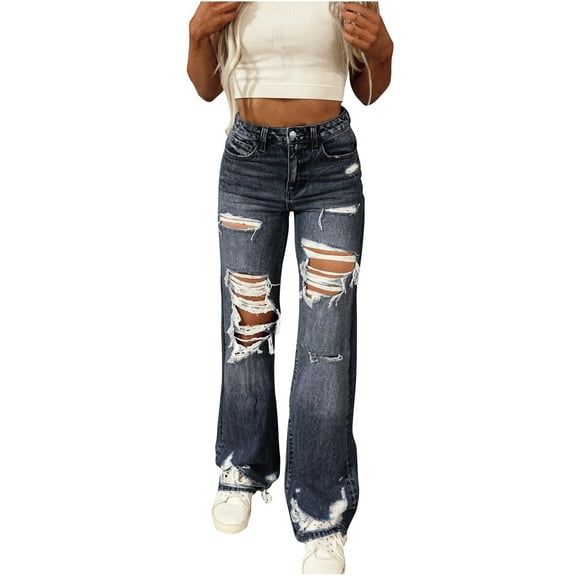 Nrmvnmi High Waisted Ripped Flare Jeans for Women Distressed Bell Bottom Jeans Wide Leg Pants High Rise Wide Leg Jeans for Women