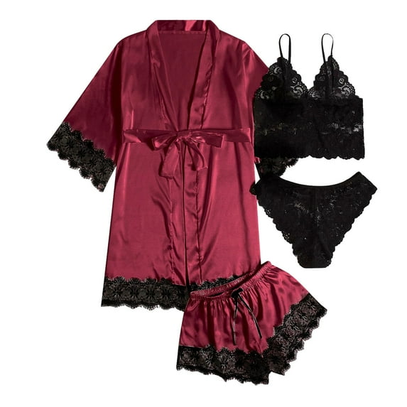 XIAONU Women's 4 Piece Satin Sleep Set With Lace Trim Belted Robe Camisole Shorts And Panty Soft Elegant Nightwear