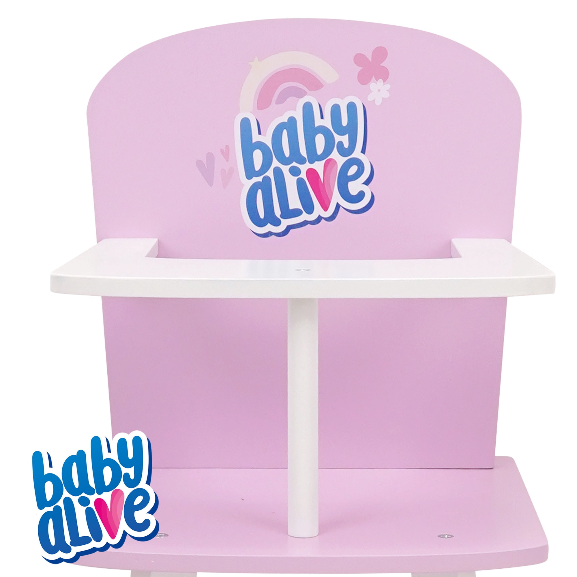 509 Crew: Baby Alive - Wooden Doll High Chair - Pink-White-Purple, Secure Seating, Doll & Plush Feeding Accessory, Nurturing Roleplay Toy, Kids 3+