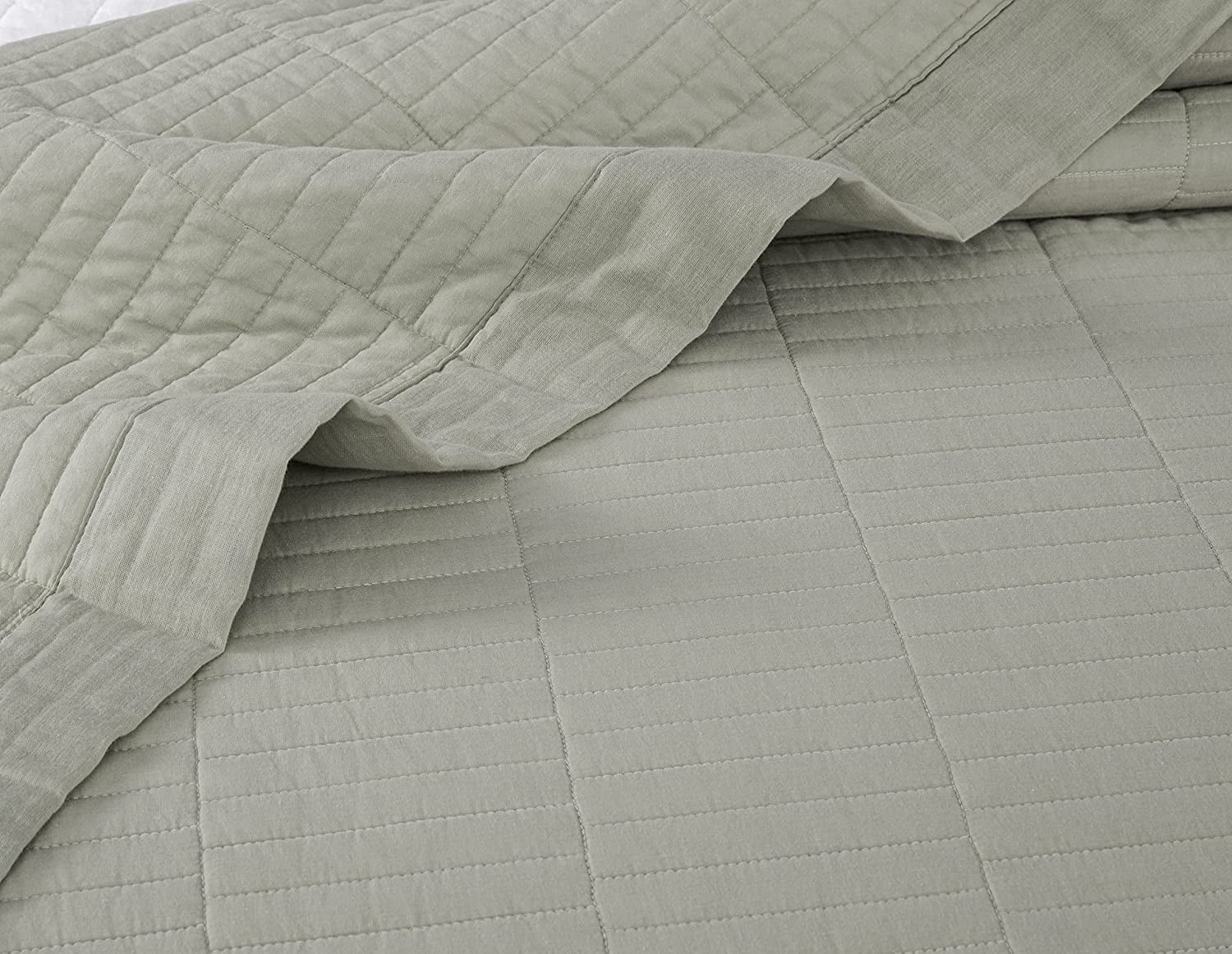 Chezmoi Collection Yuma 3-Piece 100% Cotton Quilt Set Queen Size, Natural, Modern Geometric Rectangle Stitched Quilt Washed Cotton Bedspread Set for All Season