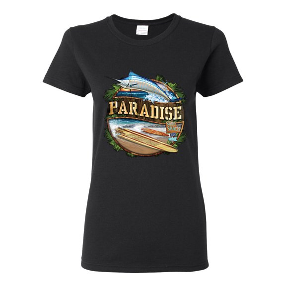 Paradise Surf Shack Marlin Pop Culture Womens Graphic T-Shirt, Black, Small