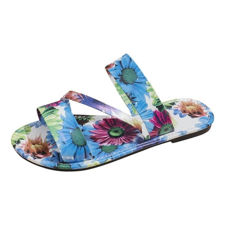 

MIASHUI Womens Sandals Summer Colour Blocking Flower Leather Beach Outer Wear Flat Bottom Large Size Sandal Slippers Blue 8.5