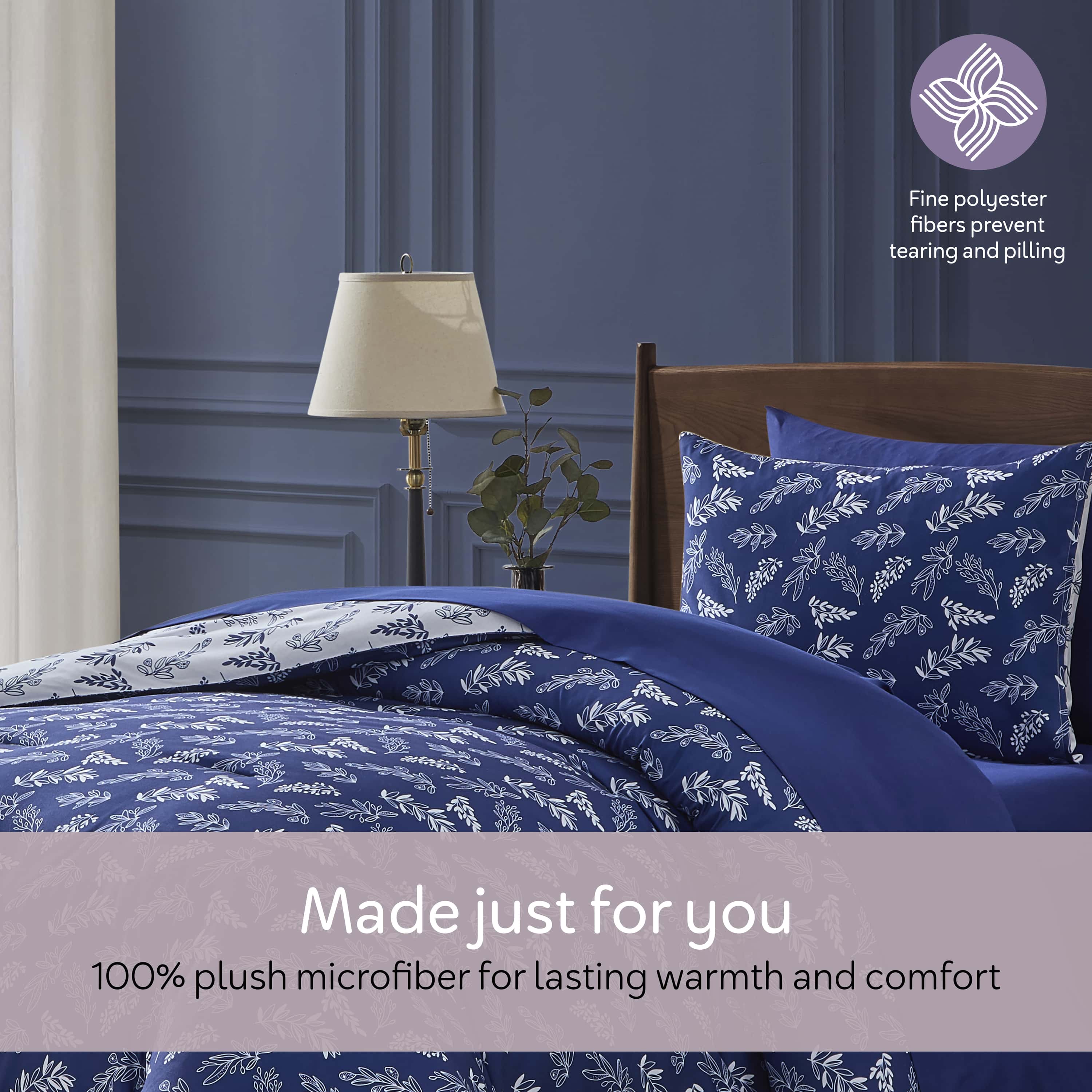 LammaLoe Twin Comforter Sets, 5 Piece Botanical Bed in a Bag, Reversible Bedding Comforter Set with Sheets, Modern Bed Set, Majestic Blue/Lunar Gray