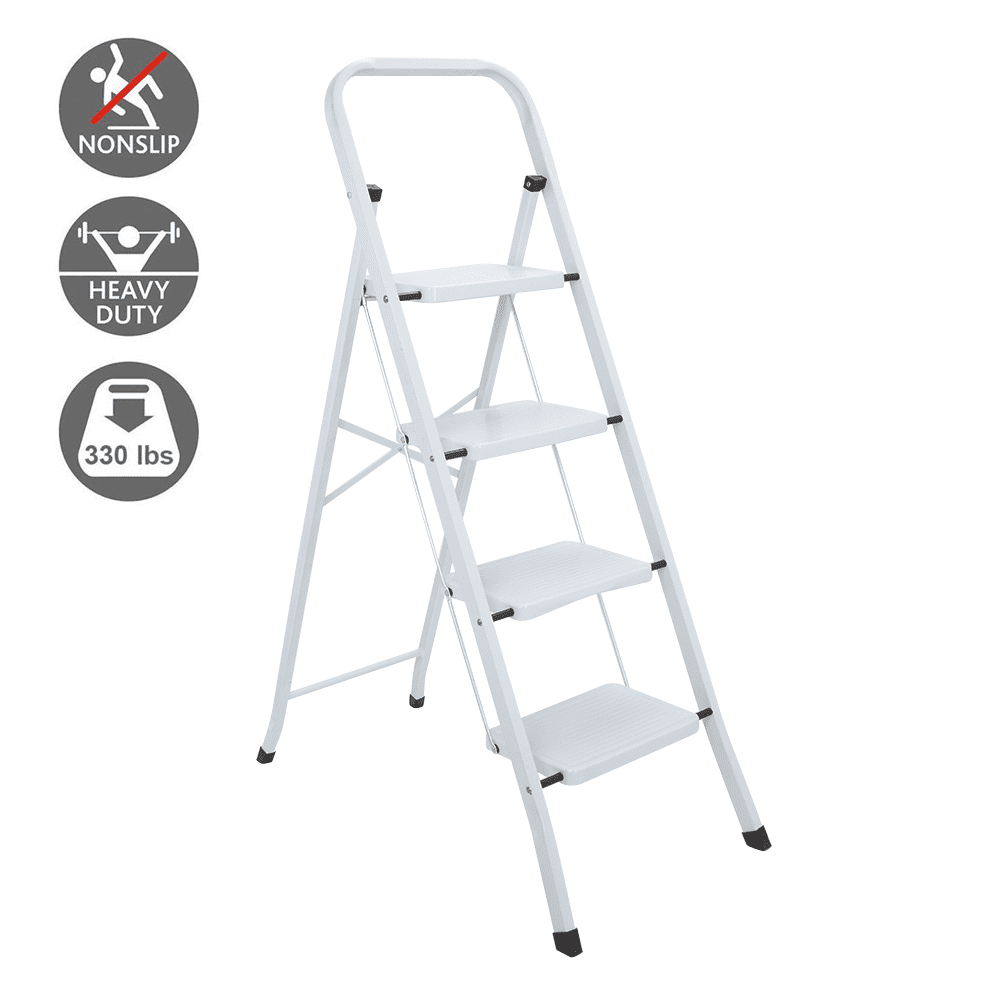 3 Step Ladder Folding Stepladder Aluminum Step Stool Ladder Multi-Use Ladder Stool Sturdy Anti-Slip for Home and Office White