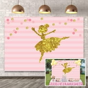 Ballerina Princess Tutu Girl Happy Birthday Backdrop Pink Striped Golden Ballet Dancer Background for Photography Little Kids Baby Shower Party Decoration Banner Photo Studio Props