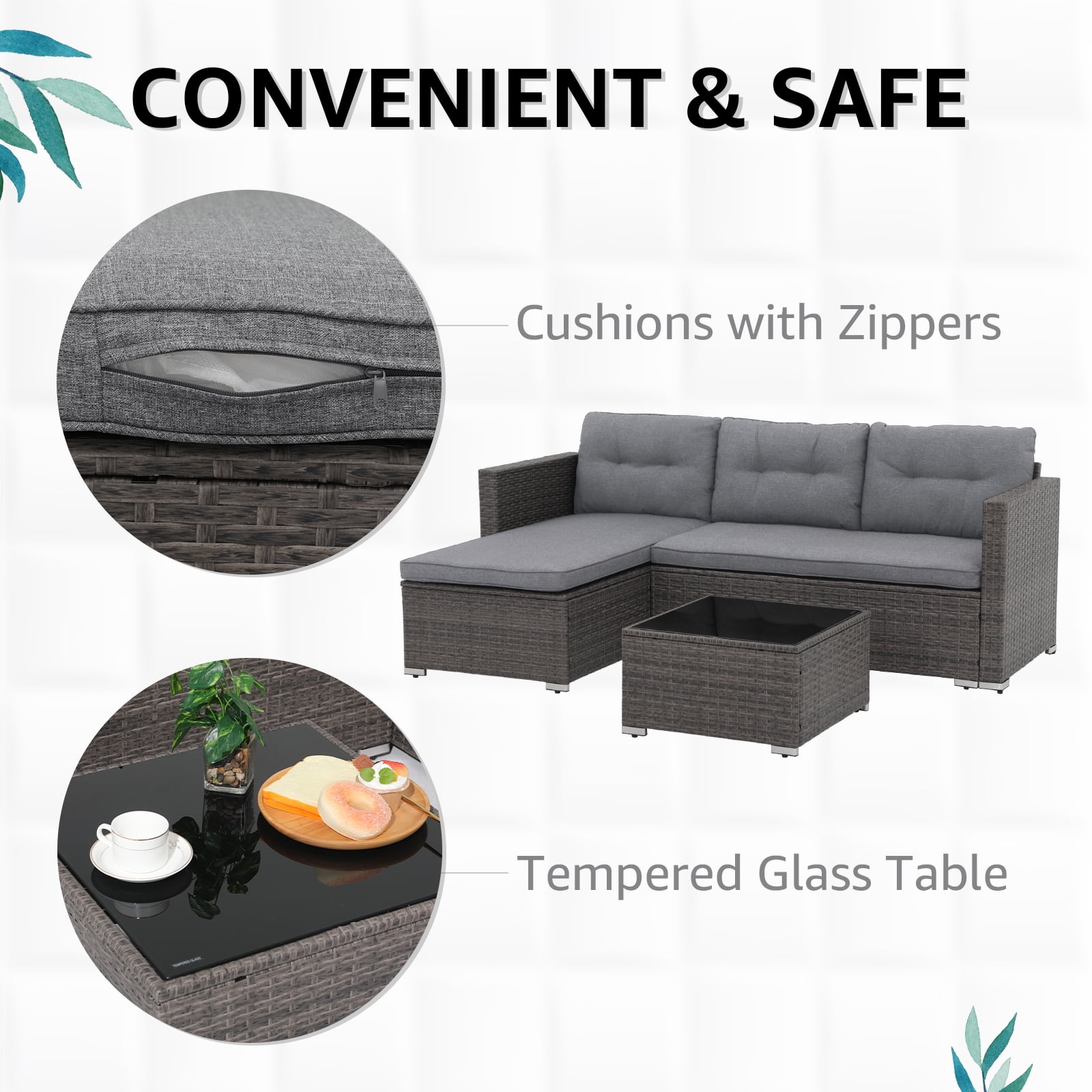 OC Orange-Casual 3-Piece Patio Furniture Set, All-Weather Outdoor Sectional Sofa Set, Wicker Loveseat Lounge Couch with Glass Coffee Table, Gray