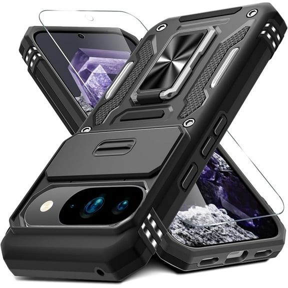 MUKO Case for Google Pixel 10 Pro XL with Slide Camera Cover Screen Protector(1 Pack), Rotated Ring Kickstand Military Grade Shockproof Protective Cover-Black