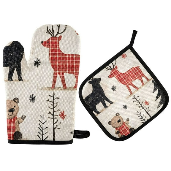 Yayeee Oven Mitts and Pot Holder Set of 2 Heat Resistant Kitchen Gloves Baking Hot Pad, Retro Christmas Forest