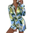 thumbnail image 2 of TRKIYQC Traje de 2 piezas para mujer, blusa con botones de solapa de manga larga abigarrada, pantalones cortos de cintura alta, ropa informal suelta acogedora para mujer TRKIYQC moda, 2 of 5
