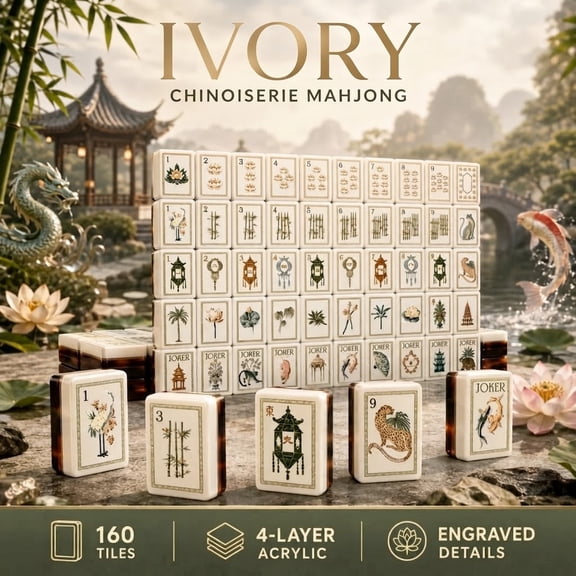 American Mahjong Tile Set, 160 Engraved 4-Layer Acrylic Tiles with Tortoiseshell-Style Design, Carrying Bag for Home, Travel and Game Nights