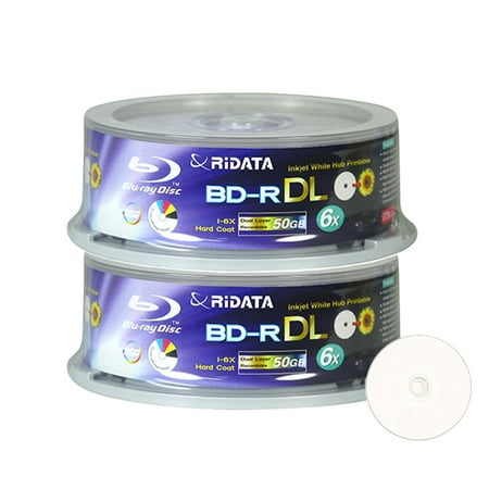 50 Pack Ridata Blu-ray BD-R DL Dual Layer 6X 50GB White Inkjet Hub Printable Recordable Blank Media Disc with Spindle
