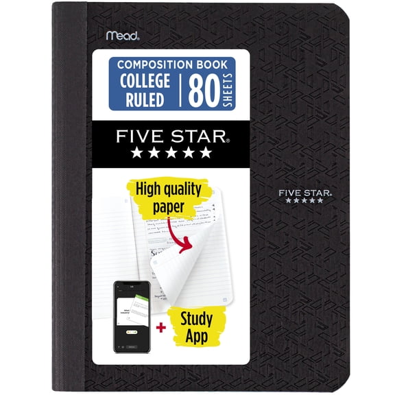 Five Star Composition Book Plus Study App, College Ruled, 80 Sheets, Poly, 7.5" x 9.75", Black