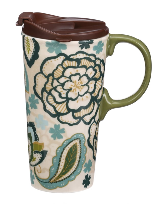 Embossed Ceramic Travel Cup, 17 OZ. w/Box, Garden Lace