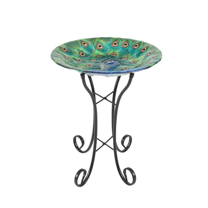 Peacock Glass Bird Bath with Metal Stand