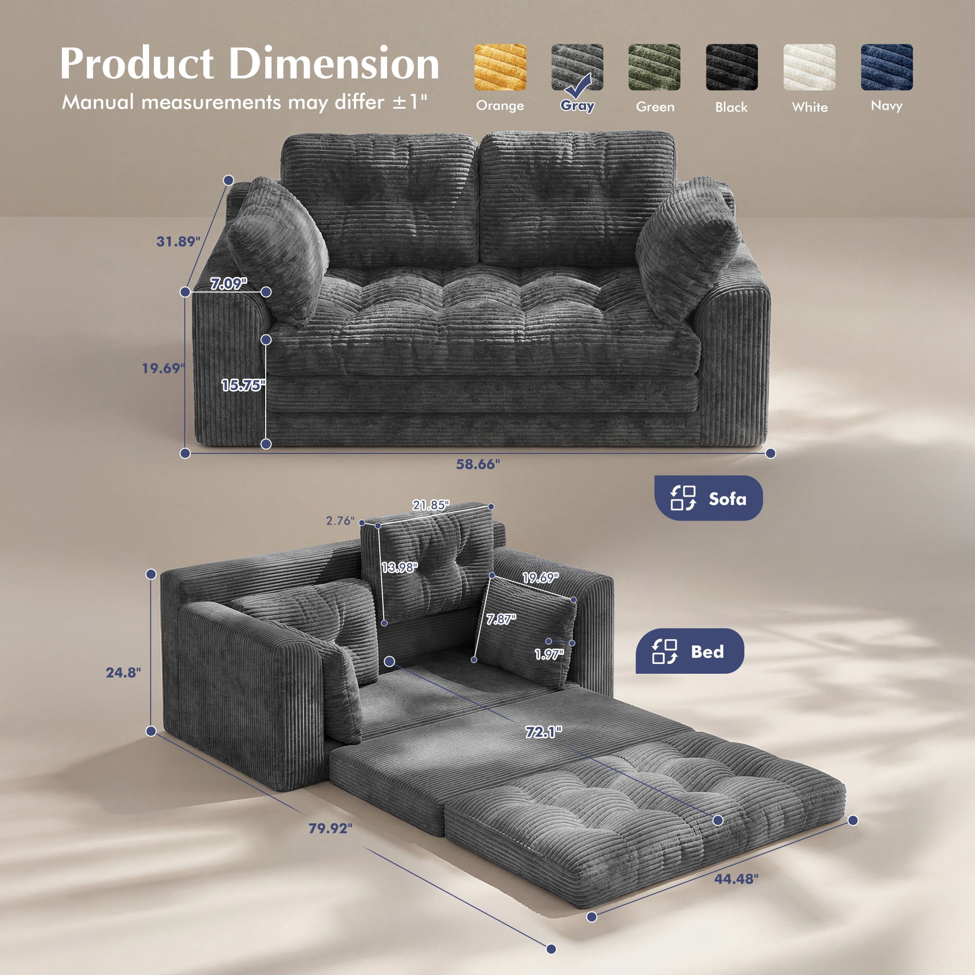 EnHomee 58.6" Foldable Sofa for Adult Loveseat Sofa Couch with Deep Seat Adjustable Floor Sofa Couch with 4 Pillows,Grey