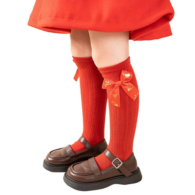WUANDIXFA Chaussettes de Noël pour Tout-Petits Chaussettes de Noël pour Enfants pour Filles Chaussettes Mi-Mollet Vintage à Rayures Chaussettes Mi-Mollet Rouges du Nouvel An Chaussettes en Coton à Poils Rouges, 3-12 Ans