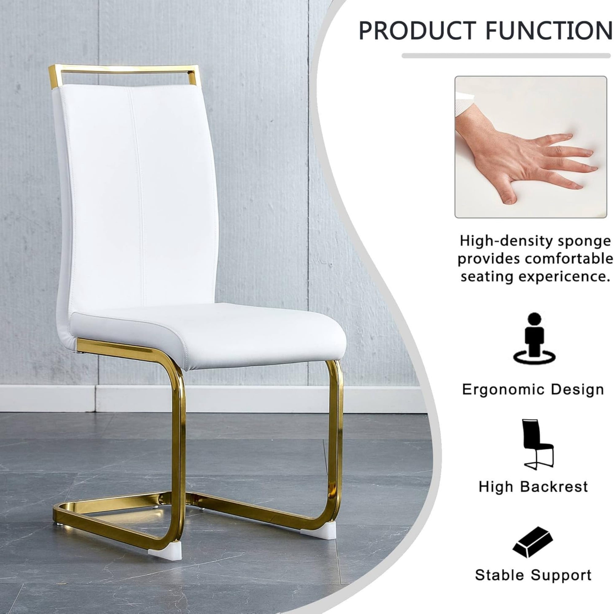 SUDICA Set of 4 Modern PU Leather Dining Chairs, White High Back Upholstered Seats with Gold C-Shaped Metal Legs for Dining Room or Kitchen