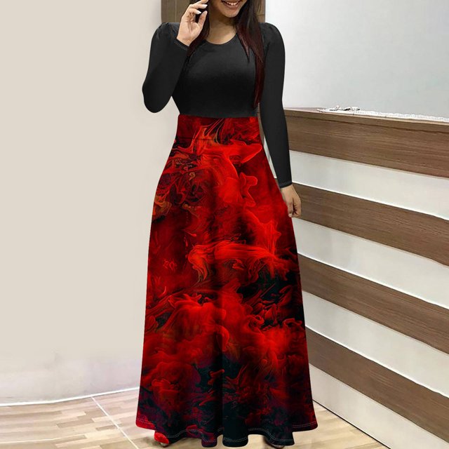 Qiopertar Vente de Liquidation Robe à Manches Longues Imprimée à Fermeture Éclair Col Rond Jupe Longue Offres de la Semaine Moins de 5$