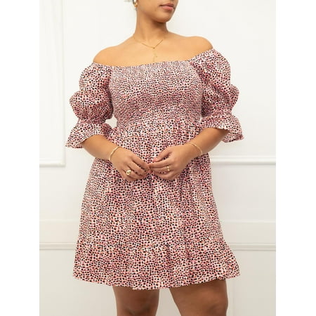ELOQUII Elements Women's Plus Size Smocked Bodice Dress with Puff Sleeves