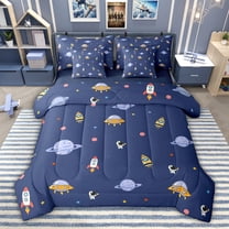 jejeloiu Space Astronaut Planet 7-Piece Twin Bedding Sets,Cartoon Rocket Aircraft Bedding Comforter Set For Teens Reversible