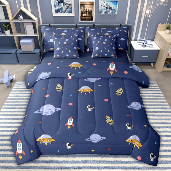 jejeloiu Space Astronaut Planet 7-Piece Twin Bedding Sets,Cartoon Rocket Aircraft Bedding Comforter Set For Teens Reversible